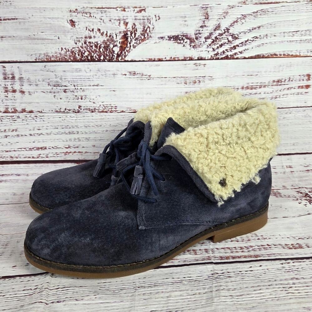 Hush Puppies Womens Blue Suede Ankle Boots 10 Sherpa Lined Lace Up Granola Girl